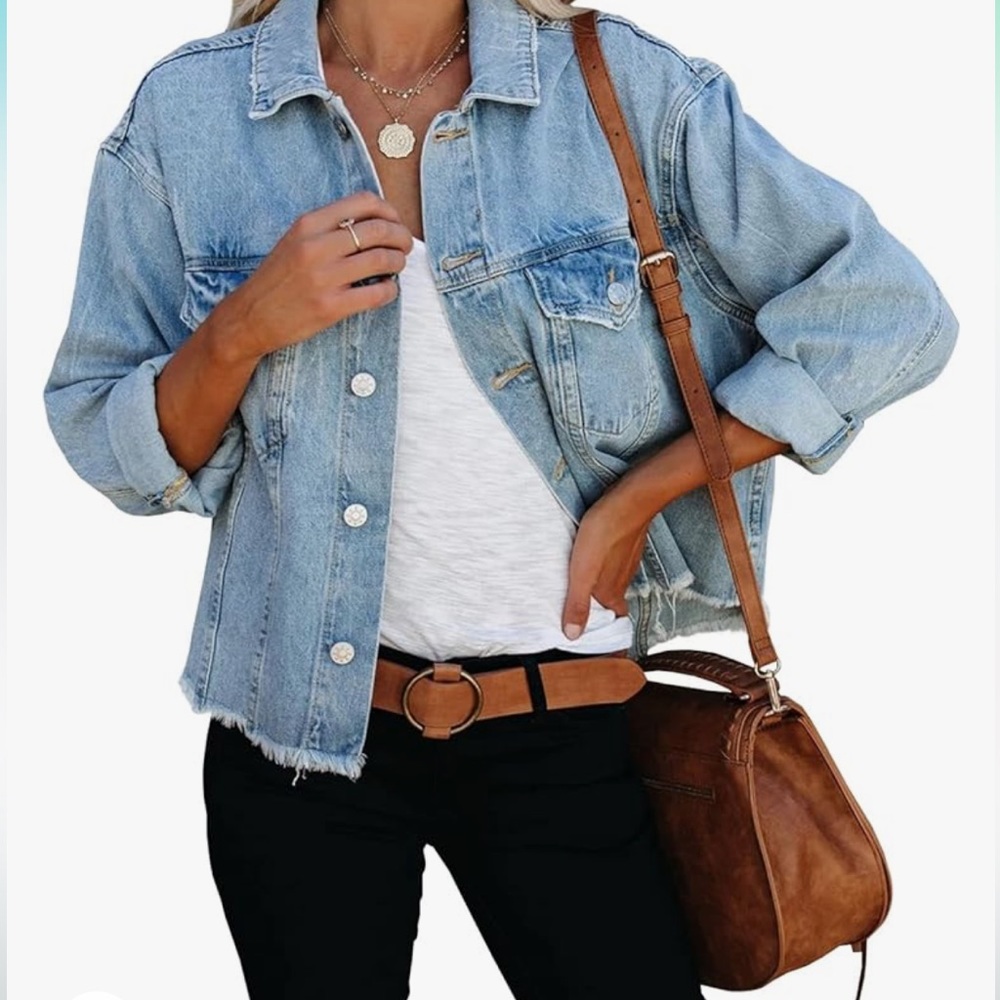 LONGBIDA Jean Jacket Frayed Washed Button Up